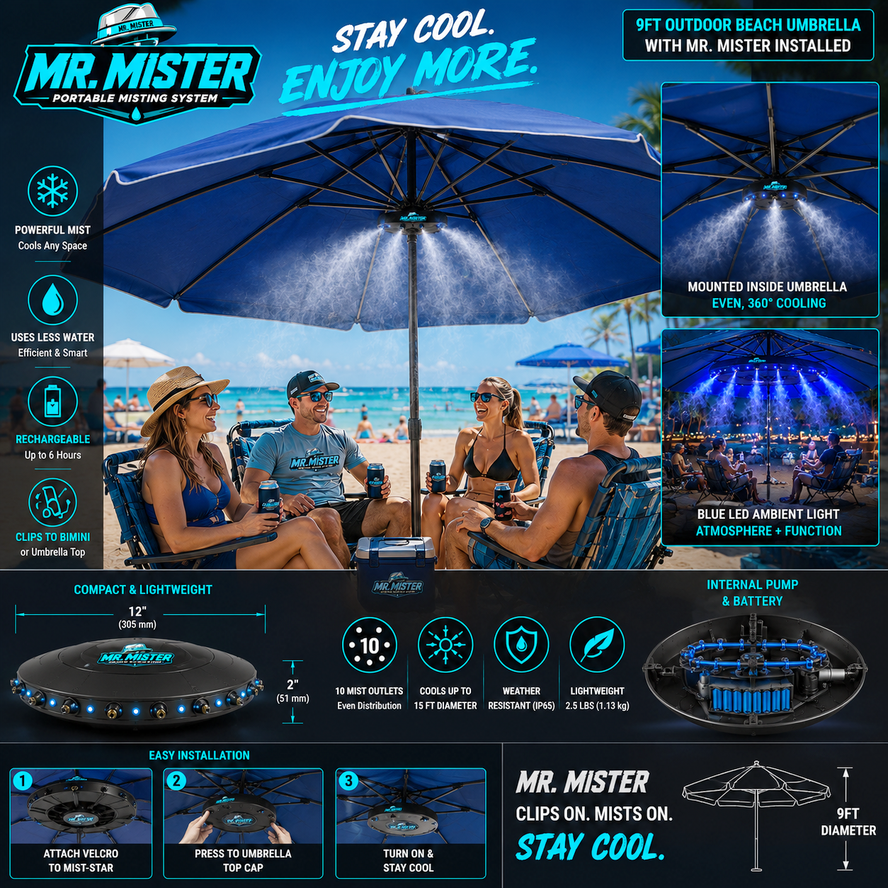 Mr. Mister circular mister attached at the top center of an outdoor umbrella